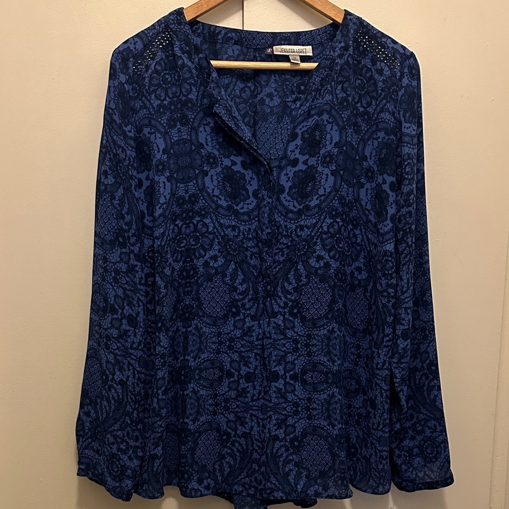 Jennifer Lopez Navy Blue Patterned Blouse